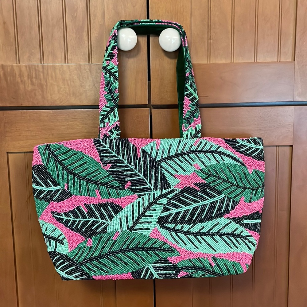 Moyna pink, black & green seed bead tropical handbag